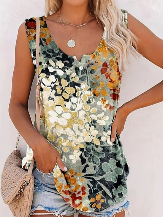 V Neck Loose Casual Floral Tank Top