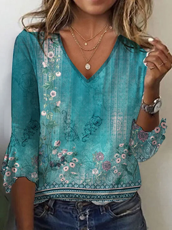 Ethnic Knitted Flare Sleeve Casual Blouse