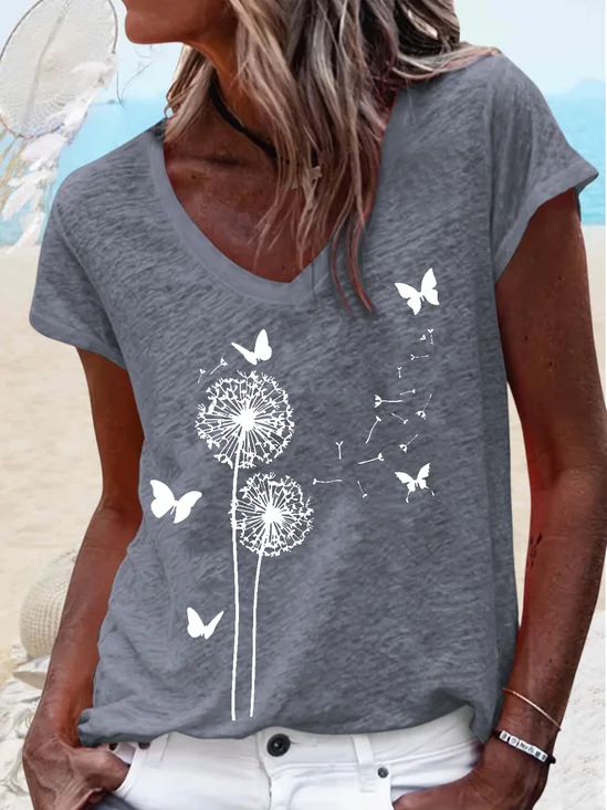 Women Plain Short Sleeve Tee T-shirt V Neck Casual Summer Top