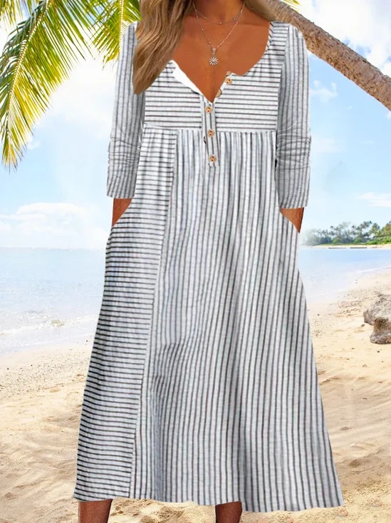 Half Open Collar Striped Casual Dress