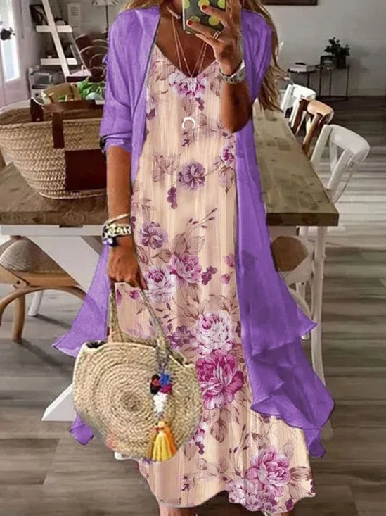 Women's Floral Pattern Two-Piece Set Daily Long Sleeve Casual Spring/Fall Coat With Tank Dress Matching Set