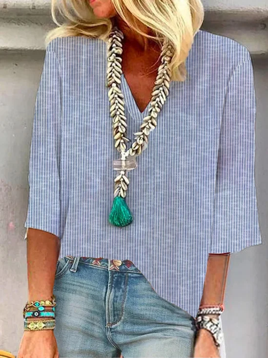 Casual Striped V Neck Loose Blouse