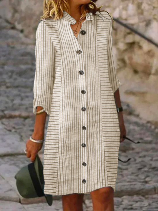 JFN Cotton & Linen Loose Casual Striped Shirt Dress