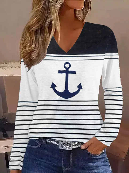 Loose Striped Anchor Casual V Neck Nautical T-Shirt