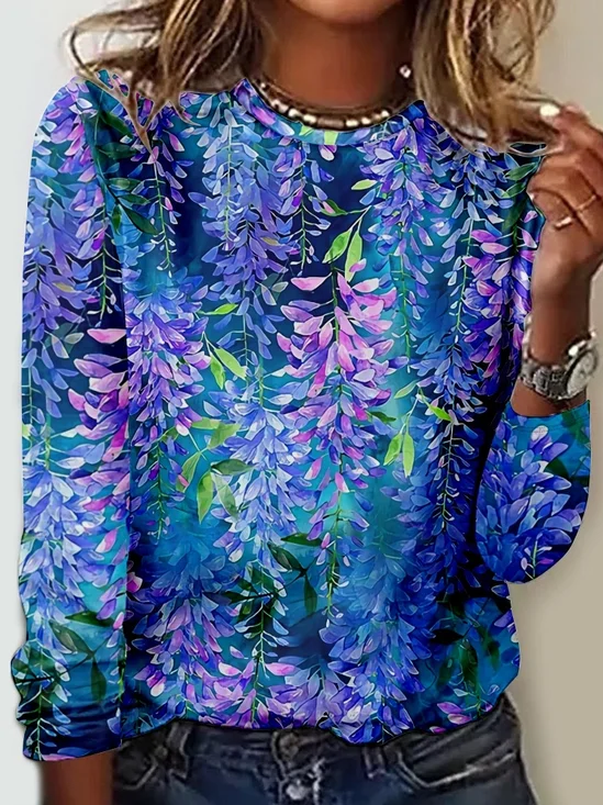 Women's Long Sleeve Blouse Spring/Fall Blue Floral Crew Neck Daily Going Out Simple Top