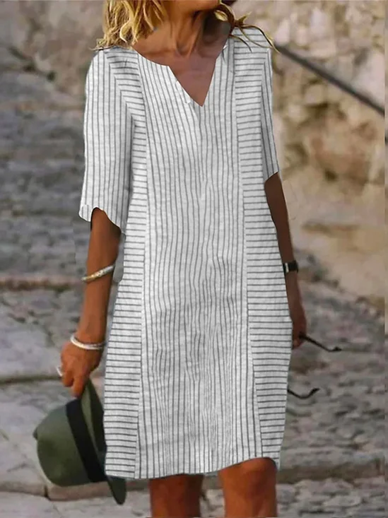 Casual V Neck Loose Striped Dress