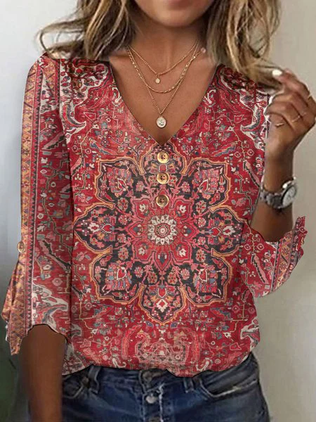 Women's Ethnic Floral Three Quarter Sleeve Tee T-shirt V Neck Casual Spring/Fall Top