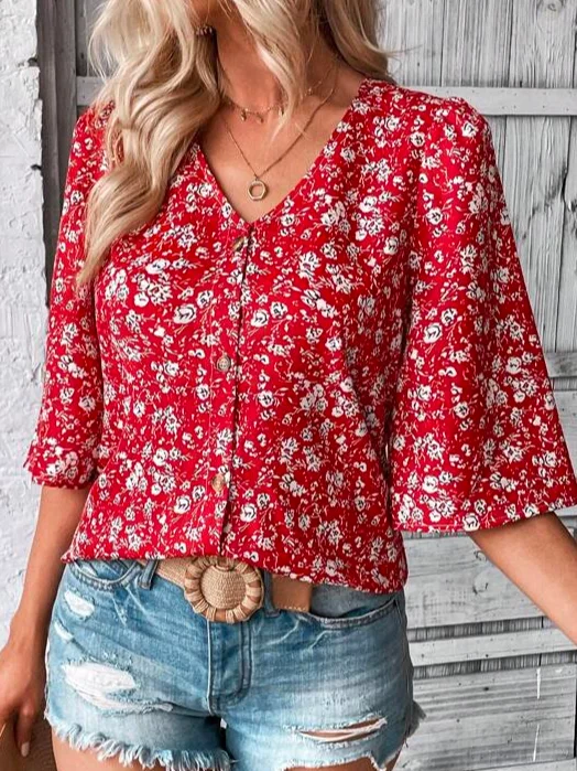 Women Floral Three Quarter Sleeve Blouse Spring/Fall V Neck Bell Sleeve Daily Casual Top