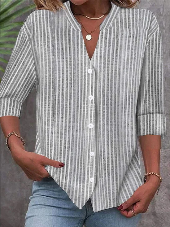 Loose Stand Collar Striped Casual Blouse