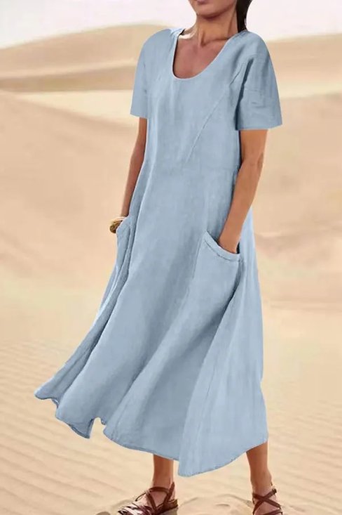 JFN Cotton & Linen Solid Color Loose Casual Pocket Dress