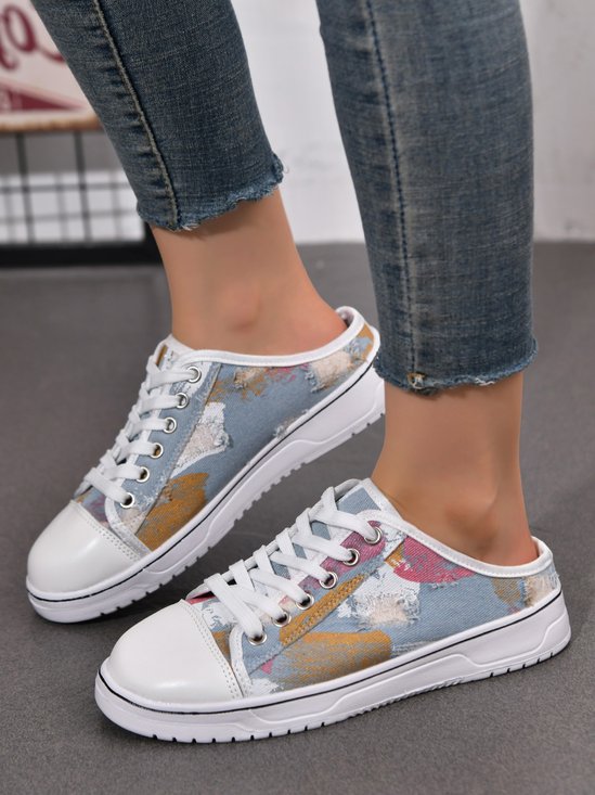 Casual Abstract Print Lace-Up Decor Canvas Mule Shoes