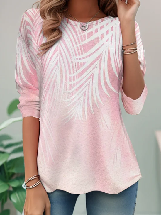 Women's Long Sleeve Tee/T-shirt Spring/Fall Leaf Crew Neck Daily Going Out Casual Top Pink
