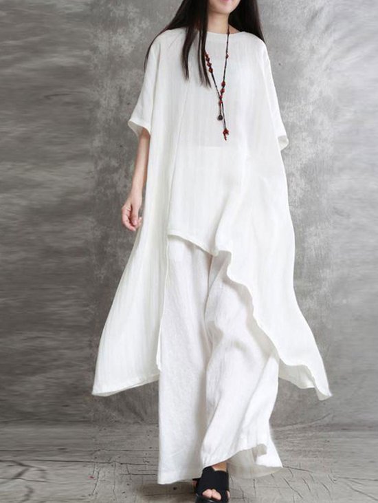 JFN Cotton & Linen Minimalist Plain Half Sleeve Loose Asymmetrical Shirt & Pants 2Pcs Set