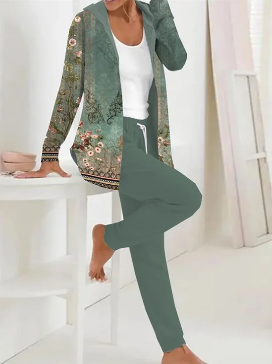 Women's Floral Daily Going Out Two Piece Set Long Sleeve Casual Spring/Fall Coat With Pants Matching Set