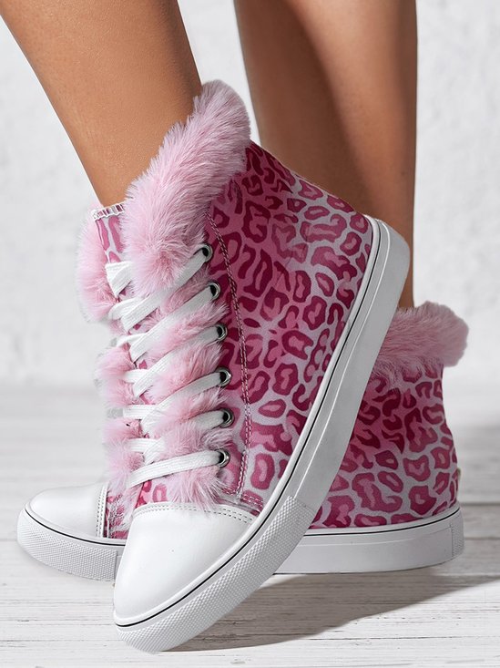 Casual Pink Leopard Faux Fur Lined High Top Canvas Shoes