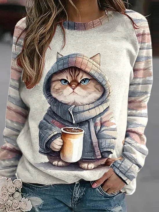 Women's Crew Neck Cat Casual Spring/Fall Long Sleeve Sweatshirt
