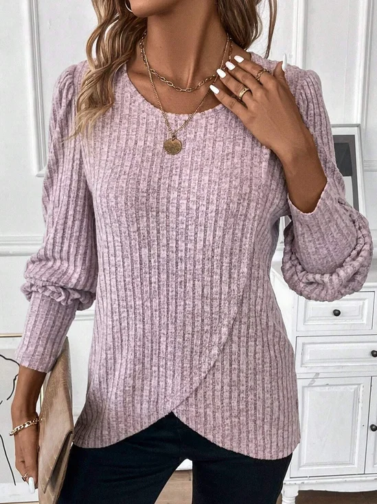 Crew Neck Loose Plain Casual Lantern Sleeve Blouse