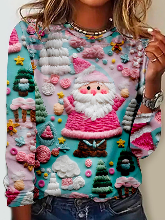 3D Digital Print Pink Santa Claus Pattern Regular Fit Casual Long Sleeve Print Shirt