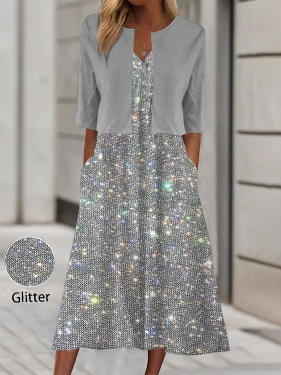 Glitter Two-Piece Set Sequin Dress With Cardigan
