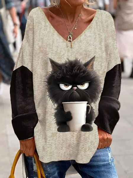 Cat Knitted V Neck Casual Blouse