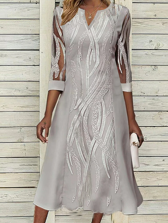 Women Lace Notched Neck Half Sleeve Formal Elegant Midi Dress Wedding Guest Dress