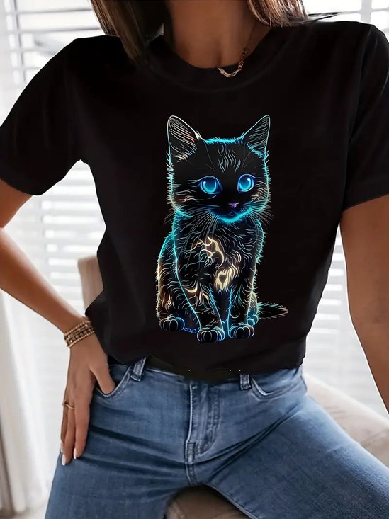 Cotton Casual Regular Fit Cat T-Shirt