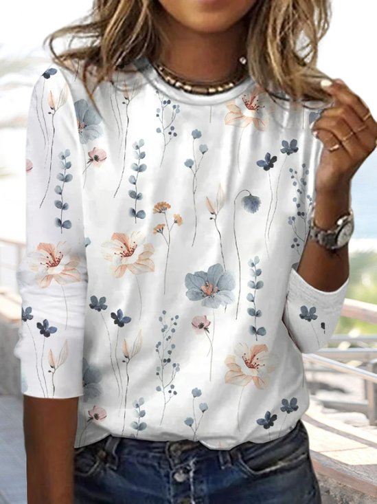 Country Floral Casual Crewneck Knit T-Shirt