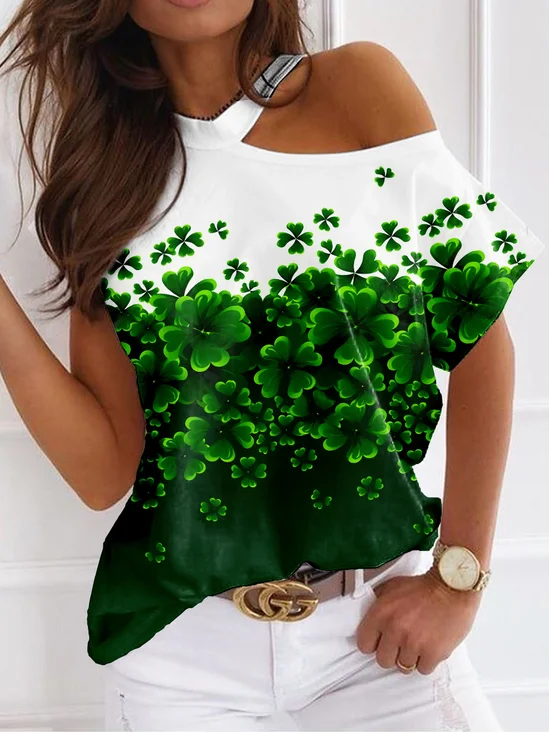 Women's Shamrock Short Sleeve Tee T-shirt Asymmetrical Casual Summer Top