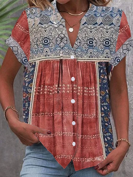 Women Random Print Short Sleeve Shirt Summer Notched Daily Casual Top
