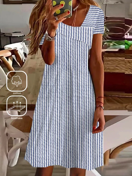Women's Short Sleeve Summer Striped Asymmetrical Daily Going Out Casual Short A-Line Dress Blue