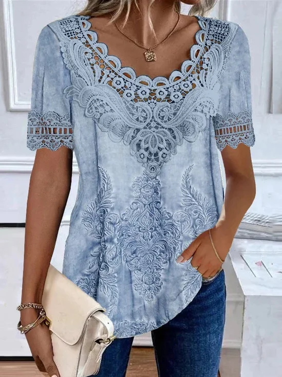 Lace Casual Loose Ethnic Crew Neck Blouse