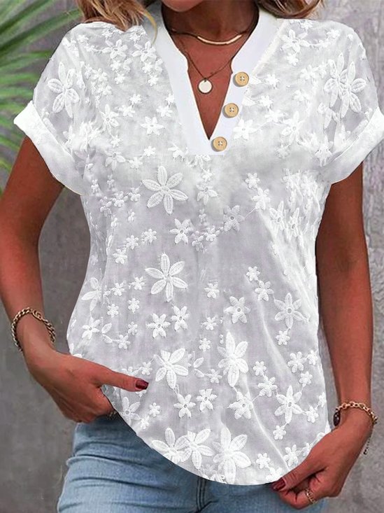 Women's Short Sleeve Blouse Summer White Plain Embroidery Buttoned Cotton V Neck Daily Going Out Simple Top