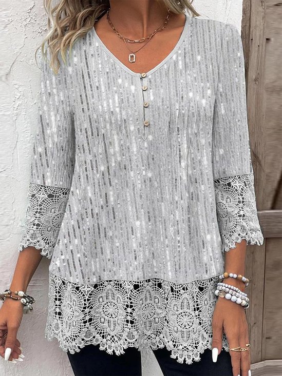 Lace Casual Ombre Crew Neck Blouse