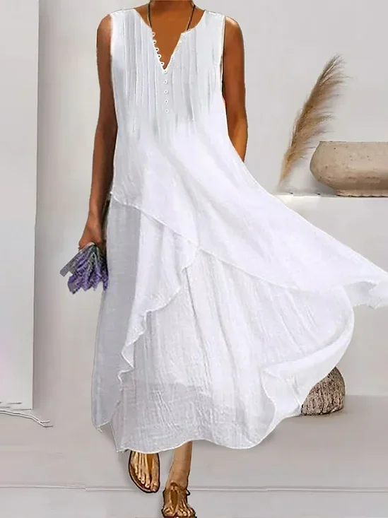 Casual Plain Cotton And Linen Dress