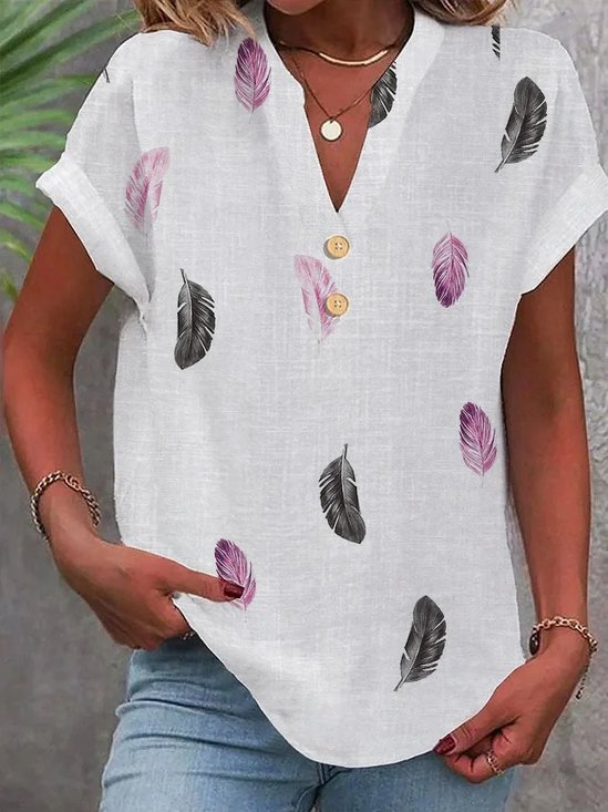V Neck Casual Feather Pattern Loose Shirt