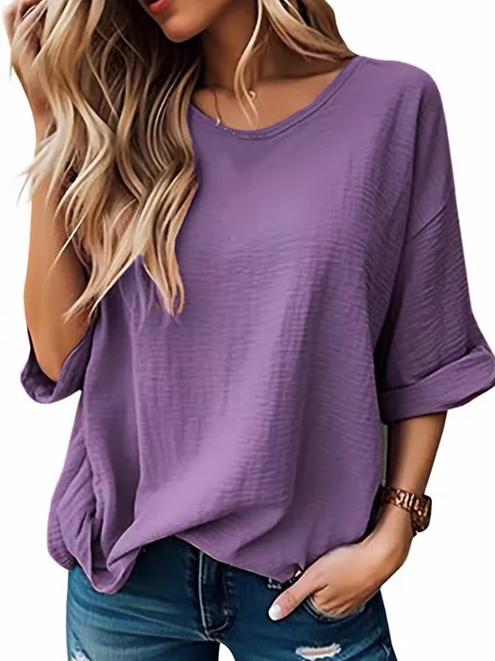 Women's 3/4 Sleeve Blouse Summer Plain Crew Neck Daily Going Out Casual Top Blue