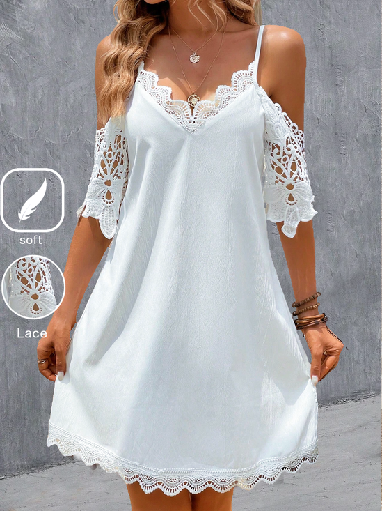 Women's Plain Short Sleeve Summer Lace Dress Spaghetti Daily Casual Mini Slip Dress A-Line Dress