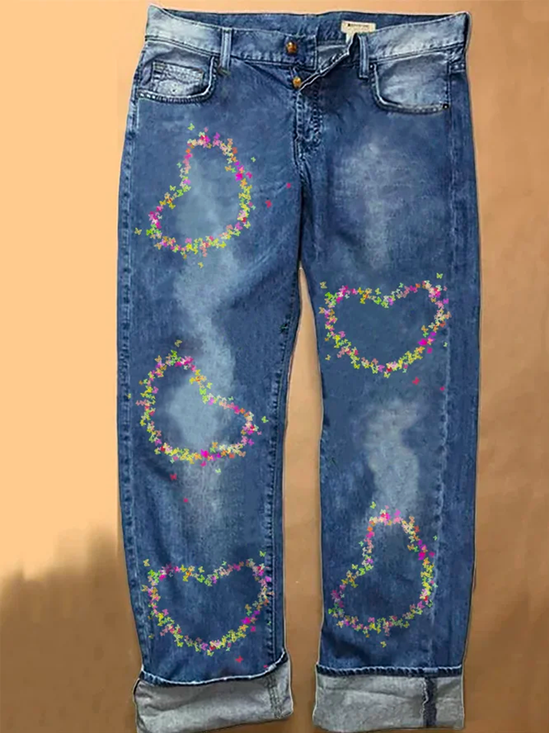 Womens Valentine's Day Butterfly Casual Printed Jeans