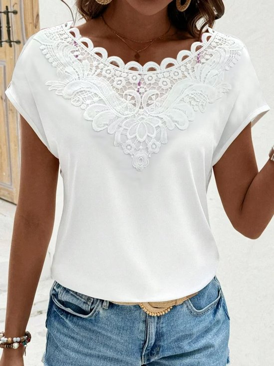 Casual Crew Neck Jersey Lace T-Shirt