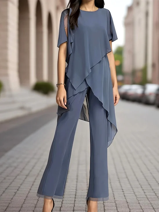 Women's Plain Party Going Out Two Piece Set Half Sleeve Elegant Summer Top With Pants Matching Set