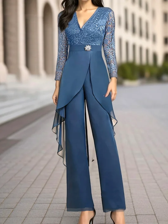 Women's Lace Chiffon Plain Party Going Out Two Piece Set Half Sleeve Elegant Summer Top With Pants Matching Set