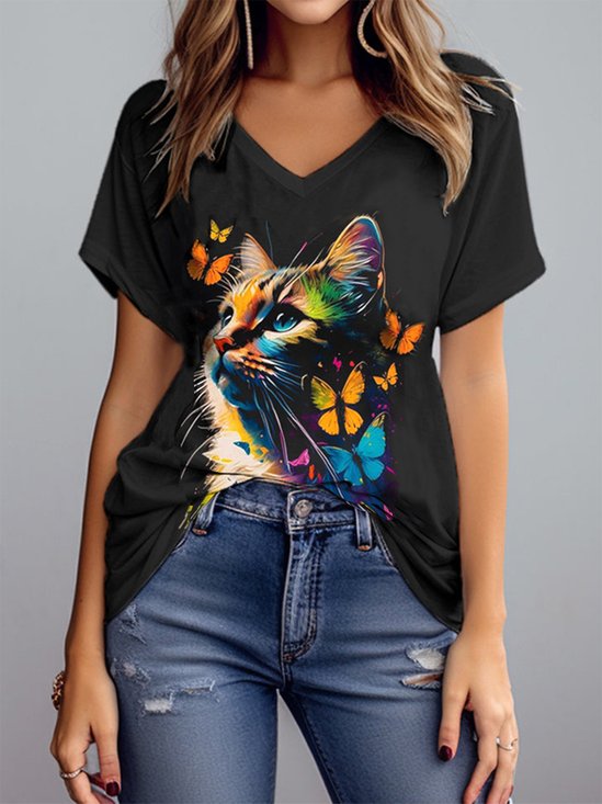Loose V Neck Butterfly And Cat Casual T-Shirt