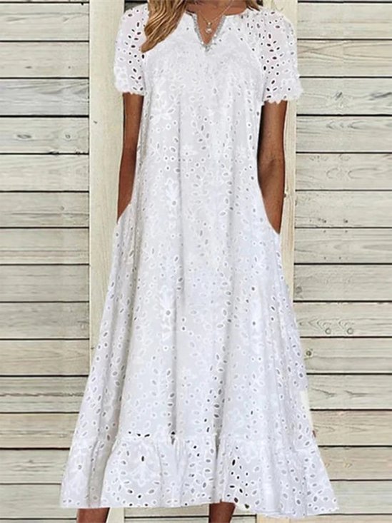 Elegant Notched Jacquard Bone Lace Plain Dress