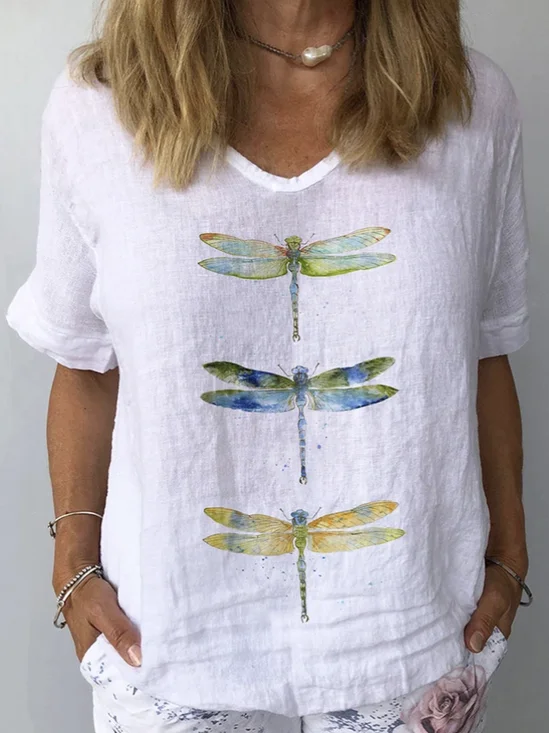 Women's Short Sleeve Blouse Summer Dragonfly Cotton V Neck Daily Going Out Casual Top White