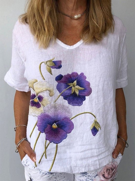 Cotton And Linen Embroidery Casual Pansies Floral Shirt