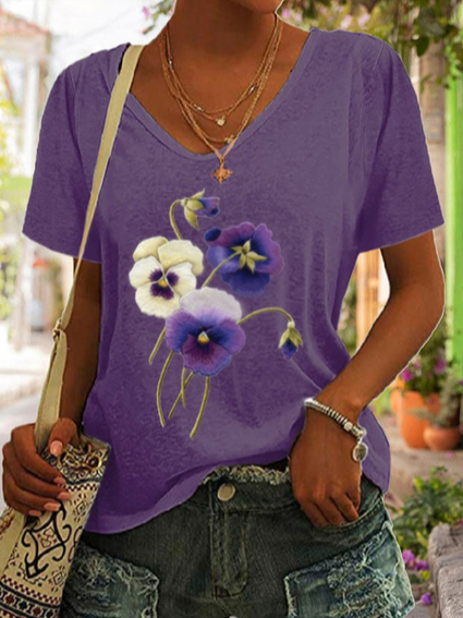V Neck Floral Casual T-Shirt