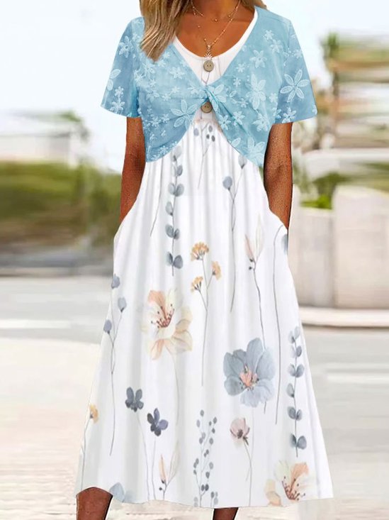 Floral Crew Neck Cotton And Linen Elegant Mock Two-Piece Dress
