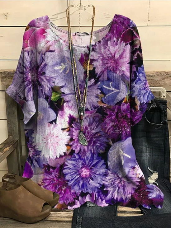 Crew Neck Casual Loose Floral Blouse
