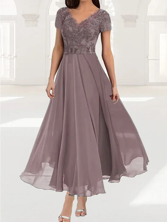 Women's Short Sleeve Summer Plain Lace Chiffon V Neck Tea Party Wedding Guest Mother of the Bride Elegant Maxi Formal A-Line Dress Green Purple Blue 