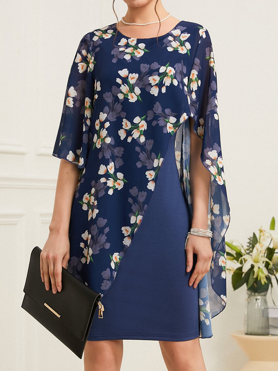 Floral Elegant Chiffon Crew Neck Semi-formal Commuting H-Line Dress